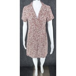 ICHI Mini Dress Women 40 Beige Maroon Heart Print V Neck Collared Short Sleeve